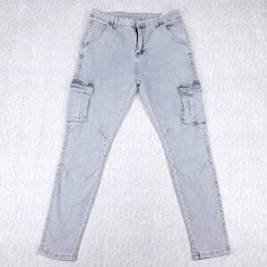 Stylish Denim Cargo Pants Womens M Light Wash Distressed Skinny Trendy
